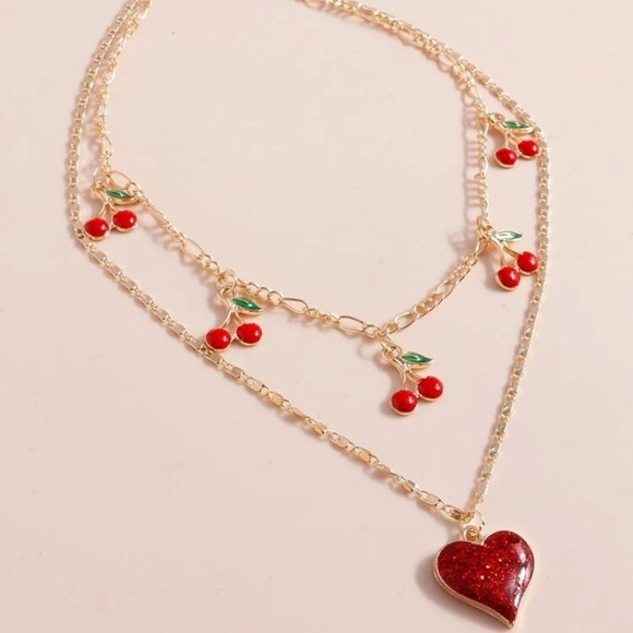 🍒 Lovely Double Layered Cherry Fruit Glitter Heart Necklace ❤️ - Picture 4 of 5